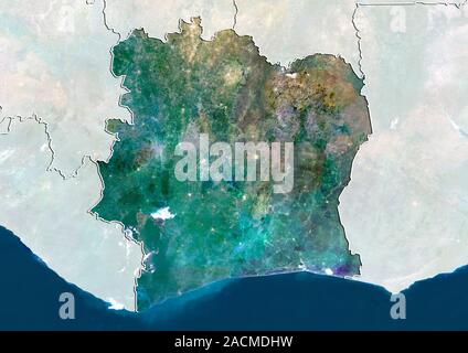 Ivory Coast, satellite image. North is at top. Natural colour satellite image showing Ivory Coast, with the surrounding territories shaded out. Ivory Stock Photo