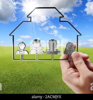 Business man hand shows 3d family pixel icon and tablet computer Stock Photo