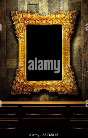 Gallery display - vintage gold frames on an old timber wall Stock Photo