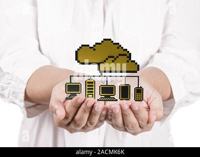 hands hold golden pixel cloud network sign as concept Stock Photo