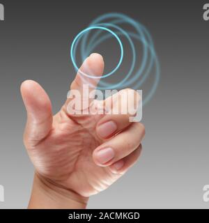 male hand working on touch screen interface Stock Photo