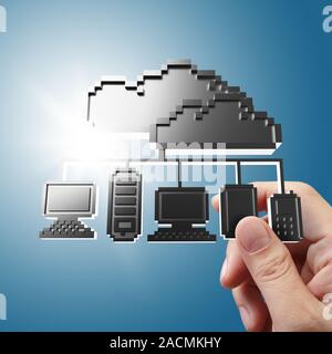 hand holds pixel cloud network icon sign Stock Photo