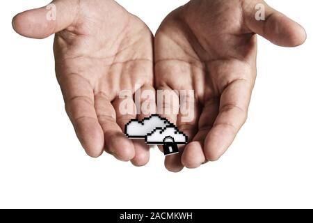 open hand holds pixel cloud network sign Stock Photo