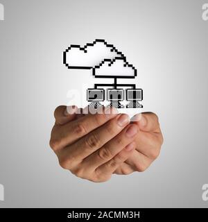 open hand holds pixel cloud network sign Stock Photo