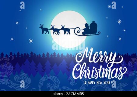 Santa Claus silhouette seen in the moonlight on flying sleigh with deers. Night northern winter forest. Santa delivers Christmas presents. Vector Stock Vector