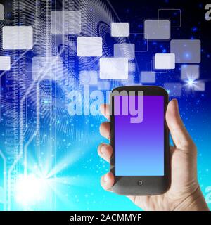 hand shows futuristic smartphone on hi-tech background Stock Photo