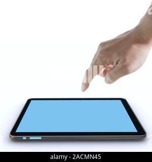 hand pointing on touch screen ,touch-pad Stock Photo