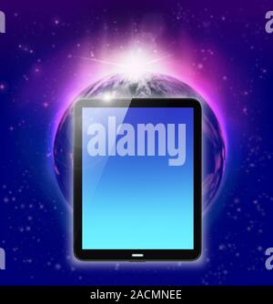 tablet pc on planet earth and sunrise background Stock Photo