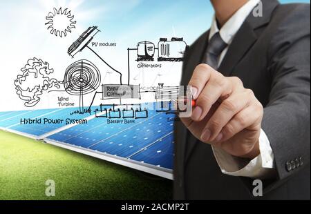 engineer draws hybrid power system,combine multiple sources diagram Stock Photo
