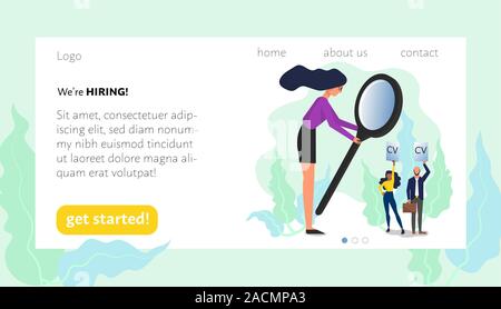 Woman holding big magnifying glass looking at job candidates. Landing web page template. Isolated on white background. Flat style stock vector Stock Vector