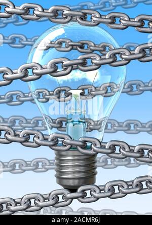 Intellectual property protection, conceptual artwork. Computer image of a lightbulb behind chains, representing the protection of ideas through intell Stock Photo