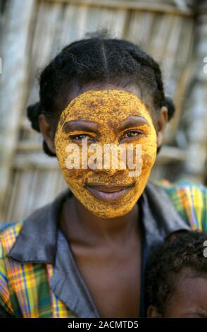 Masikoro woman wearing a mud face mask. Photographed in Madagascar. Stock Photo