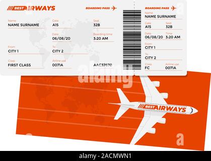 Realistic airline ticket boarding pass design template with passenger name and barcode. Air travel by airplane red color document vector illustration Stock Vector