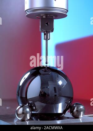 3D measurement machine calibration. Probe head of a coordinate measurement machine (CMM) measuring the dimensions of a silicon reference sphere. CMMs Stock Photo