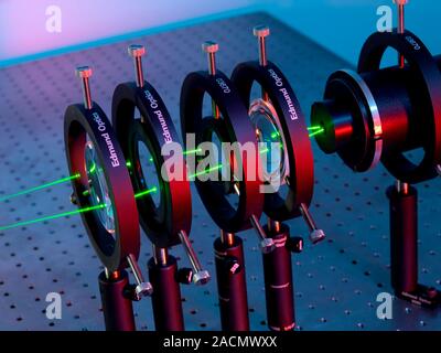 Acoustic velocity measurements. Laser apparatus (green beams) being used in photon correlation spectroscopy for airborne acoustic velocity measurement Stock Photo