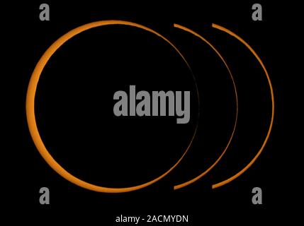 Annular solar eclipse sequence. Solar ring forming around the Moon during an annular solar eclipse, with partial views at right. Solar eclipses occur Stock Photo