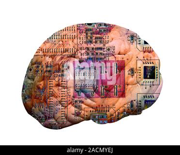 Artificial intelligence and cybernetics, conceptual image. This image of a computer's central processing unit (CPU, pink), superimposed on a human bra Stock Photo