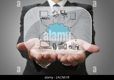 Businessman show cloud network on glass board Stock Photo
