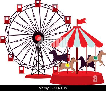 panoramic wheel and carrousel attractions Stock Vector