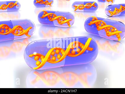 Gene therapy, conceptual image. Computer artwork of DNA (deoxyribonucleic acid) molecules inside pill capsules, representing treatments to repair abno Stock Photo