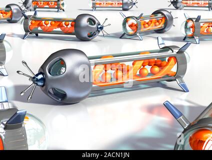 Gene therapy, conceptual image. Computer artwork of DNA (deoxyribonucleic acid) molecules inside nano-robots, representing the use of nano-robots to r Stock Photo