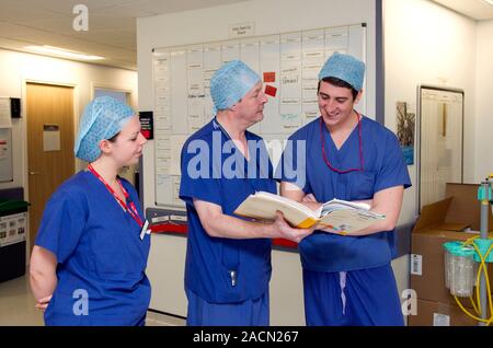 Surgeons discussing patient notes on a hospital ward Stock Photo