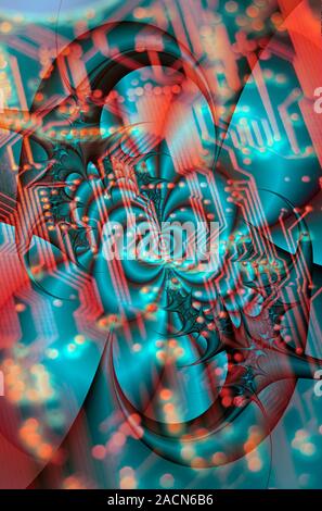 Quantum computing. Conceptual artwork of patterns (green) against a background of computer circuitry. Quantum computers, which are under development, Stock Photo