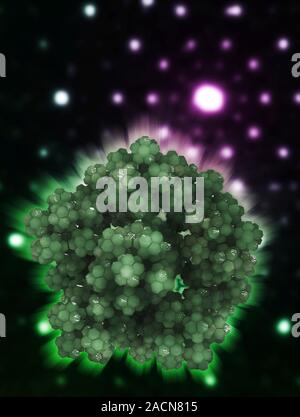 Dodecahedral sponge fractal. 3D simulation of an aperiodic geometric crystal, with a background representing a diffraction pattern characteristic of a Stock Photo