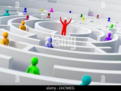 Winner, conceptual image. Computer artwork of a figure at the centre of a maze, representing succeeding at, or winning, a challenge. Stock Photo