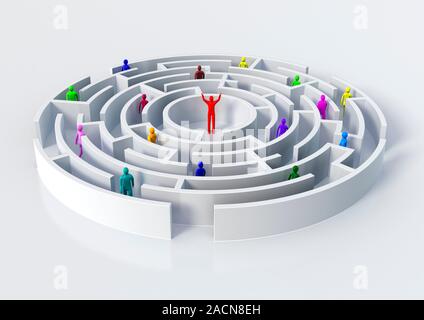 Winner, conceptual image. Computer artwork of a figure at the centre of a maze, representing succeeding at, or winning, a challenge. Stock Photo