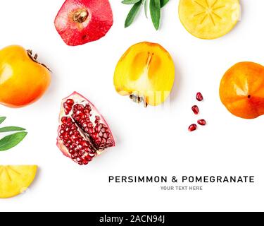 Persimmon, pomegranate and sage leaves as creative layout isolated on white background. Healthy eating and dieting food concept. Fresh fruits arrangem Stock Photo