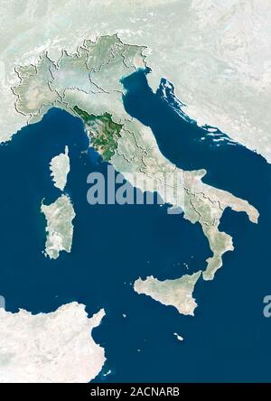 Tuscany, satellite image. North is at top. Natural colour satellite image showing the region of Tuscany, Italy, with the surrounding Italian regions s Stock Photo