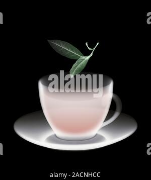 Cup of tea. Coloured X-ray of tea leaves falling into a cup. Stock Photo