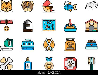 Set of Vet Clinic Flat Color Icons. Cat, Dog, Bird, Parrot, Fish, Mouse and more Stock Vector