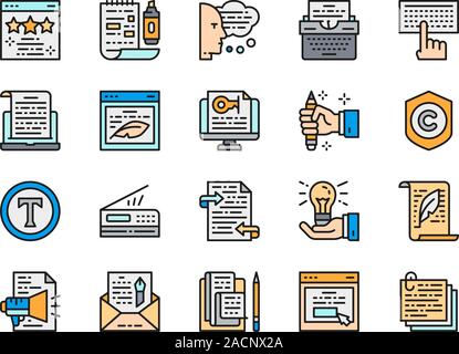 Set of Copywriting Flat Color Icons. Typewriter, Presentations, Printer and more Stock Vector