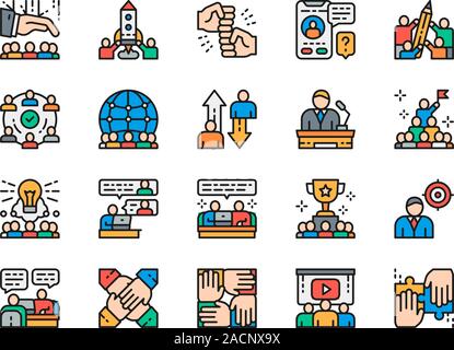 Set of Teamwork Flat Color Icons. Startup, Leadership, Teamleader, Speaker. Stock Vector