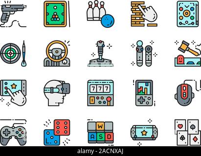Set of Game Flat Color Icons. Billiards, Bowling, Pinball, Joystick and more. Stock Vector