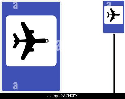 Airport road sign. Airplane traffic icon on blue square board. Vector roadsign illustration Stock Vector