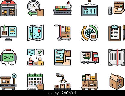 Set of Delivery Flat Color Icons. Warehouse, Cargo Ship, Container and more. Stock Vector