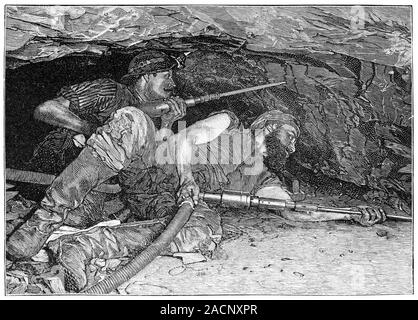 Pneumatic mining drills. Historical artwork of miners in a copper mine in Mansfield, Nottinghamshire, UK, using pneumatic drills to extract copper ore Stock Photo