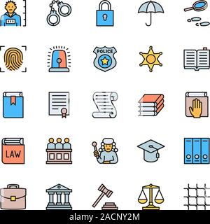 Set of Justice Flat Color Icons. Criminal, Handcuffs, Libra, Police and more. Stock Vector