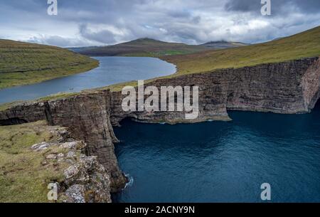 Sorvagsvatn lake over the ocean in Faroe Islands Stock Photo