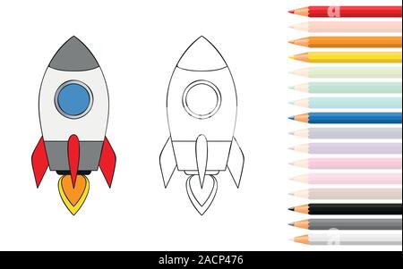 rocket ship coloring book with pencils vector illustration EPS10 Stock Vector