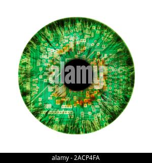 Artificial intelligence, conceptual image. Composite image of a human eye and a circuit board. Stock Photo