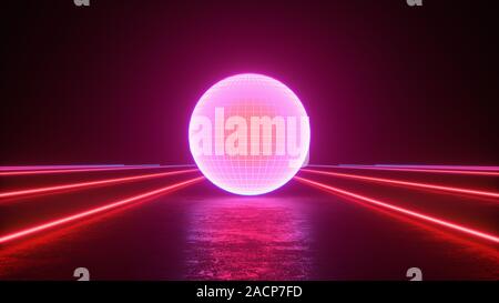 Glowing red neon sphere with white grid lines on dark with reflections on ground, lights, abstract vintage retro background, ultraviolet, spectrum vib Stock Photo