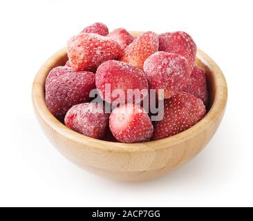 Frozen strawberries in wooden bowl isolated on white background Stock ...