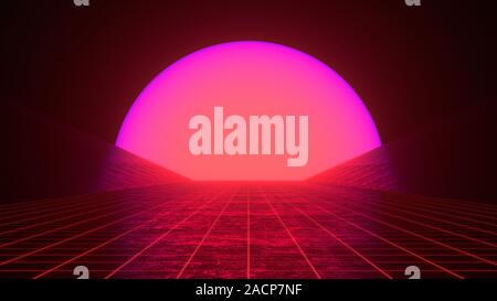 Retro 80s styled futuristic Synthwave Sunset landscape with purple red neon sun and perspective grid. Retro Future flyer, banner, poster. Dark colors Stock Photo