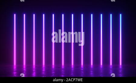 3d render illustration of glowing vertical lines, neon lights, abstract vintage retro background, ultraviolet, spectrum vibrant colors, laser show Stock Photo