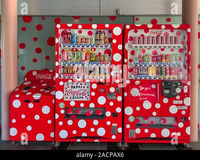 Matsumoto, Japan - April 2019: Themed Coco Cola vending machine at the Matsumoto City Museum of Art. The work is by local artist Yayoi Kusama Stock Photo
