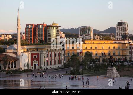 Etham Bey Mosque and views of Tirana over Skanderberg Square from National History Museum, Tirana, Albania Stock Photo